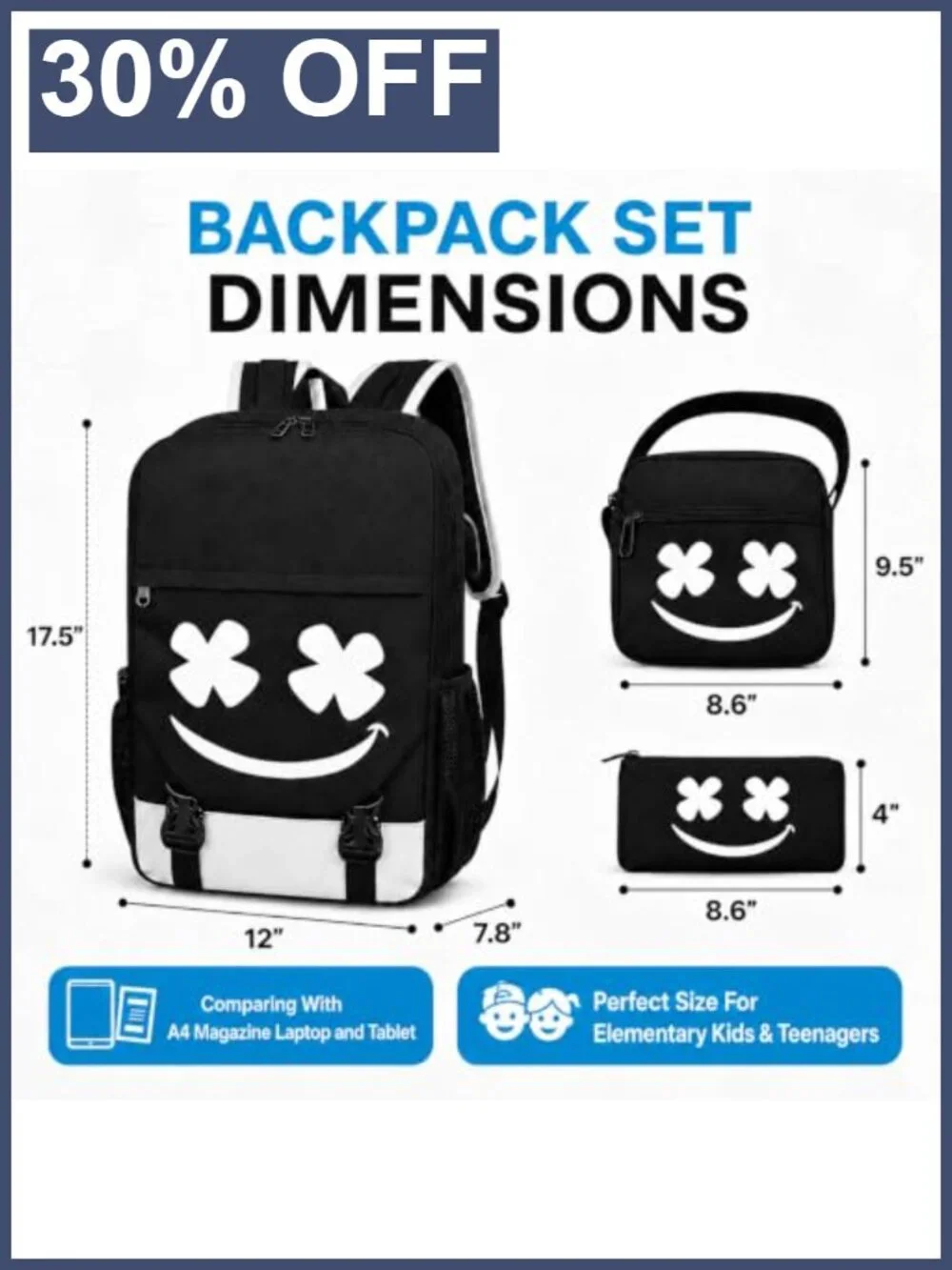 3-Piece Glow in the Dark Backpack Set with USB Port, Waterproof, School Kids